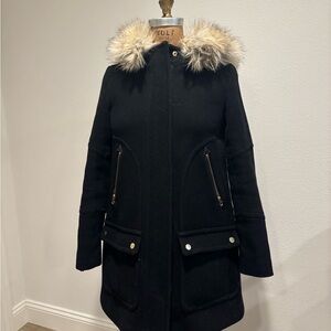 J Crew Black Hooded Jacket Coat Fur Stadiums Cloth by Nello Gori Chateau Parka 0